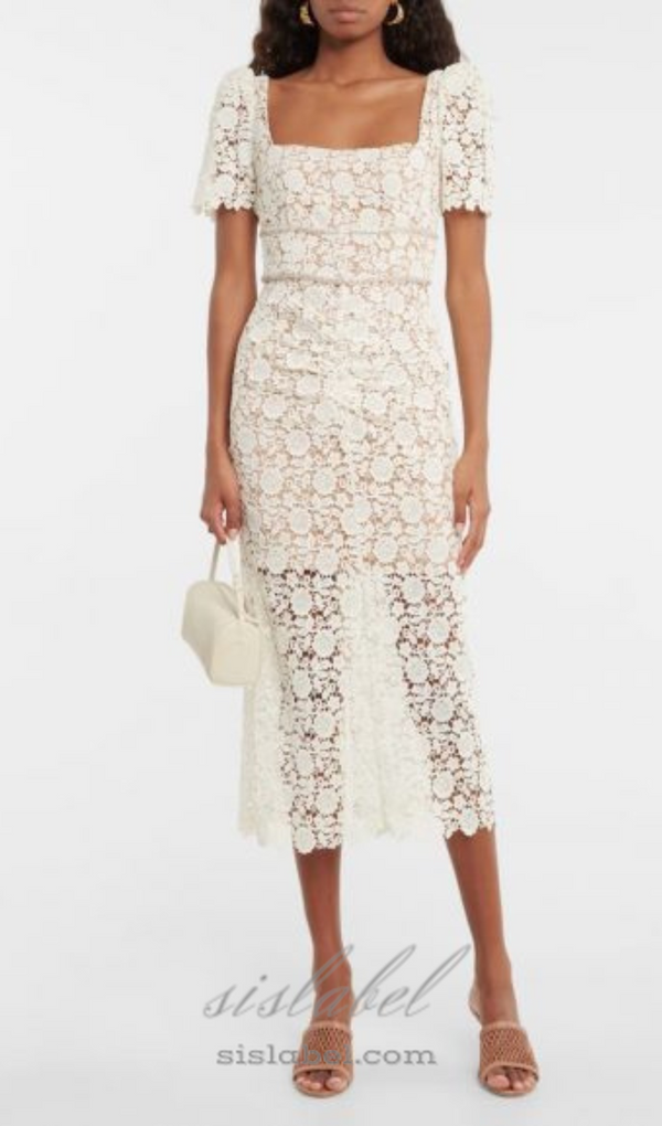 EMBELLISHED GUIPURE LACE MIDI DRESS IN WHITE