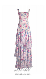 FLORAL PRINT RUFFLE TRIM MAXI DRESS IN ROSE