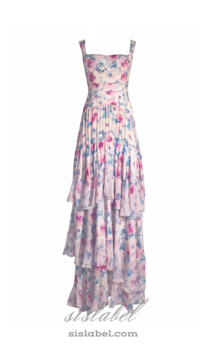 FLORAL PRINT RUFFLE TRIM MAXI DRESS IN ROSE