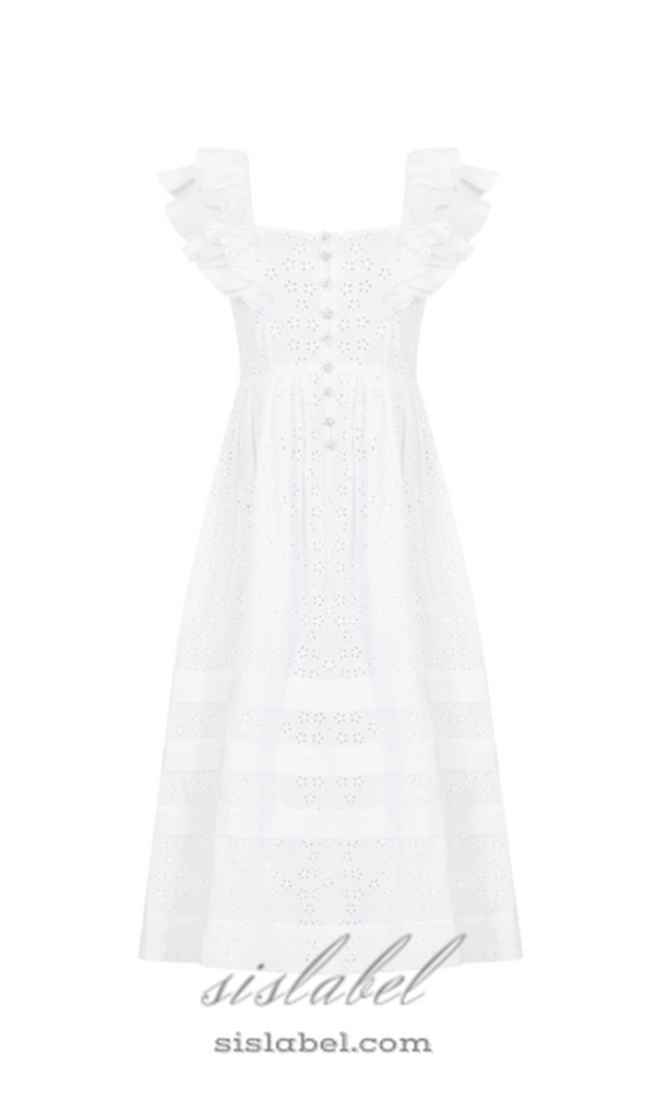 SQUARE COLLAR LACE MESH MAXI DRESS IN WHITE