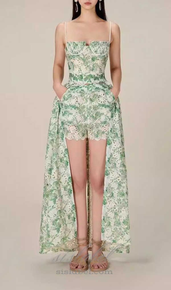 FLORAL PRINTED THIGH SLIT MIDI DRESS IN GREEN