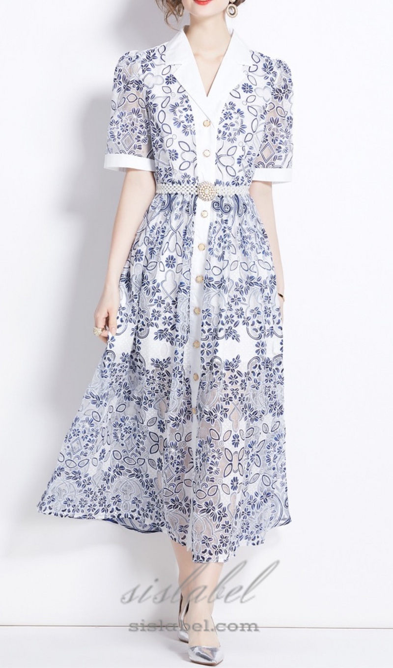 V NECK SPLICED BELTS EMBROIDERY MIDI DRESS IN BLUE