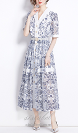 V NECK SPLICED BELTS EMBROIDERY MIDI DRESS IN BLUE