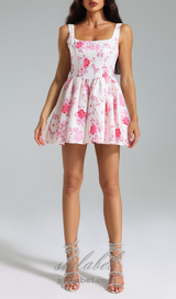 RETALE PINK FLORAL FLARED MINI DRESS