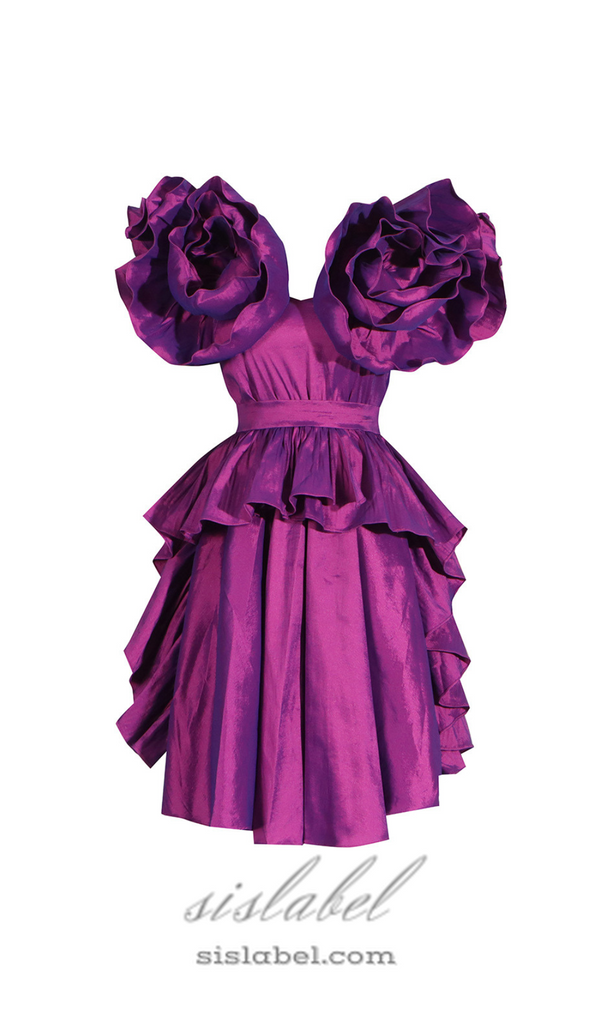 RUFFLES SATIN MINI DRESS IN PURPLE