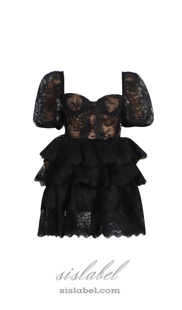 PUFF SLEEVE LACE MINI DRESS IN BLACK