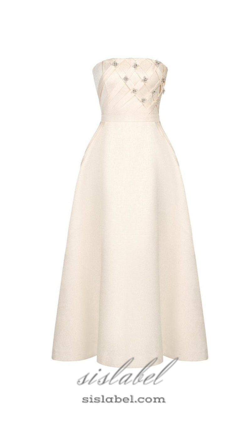 STRAPLESS STRAIGHT NECK MIDI DRESS IN CREAM WHITE