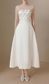 STRAPLESS STRAIGHT NECK MIDI DRESS IN CREAM WHITE