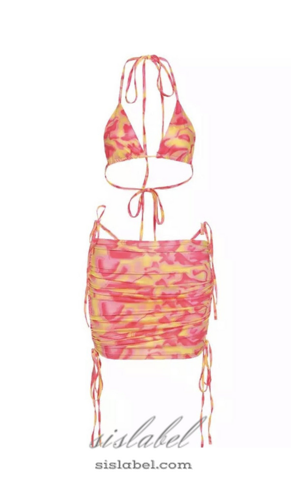 PRINTED BIKINI TOP SKIRT TWO PIECE SET IN PINK YELLOW