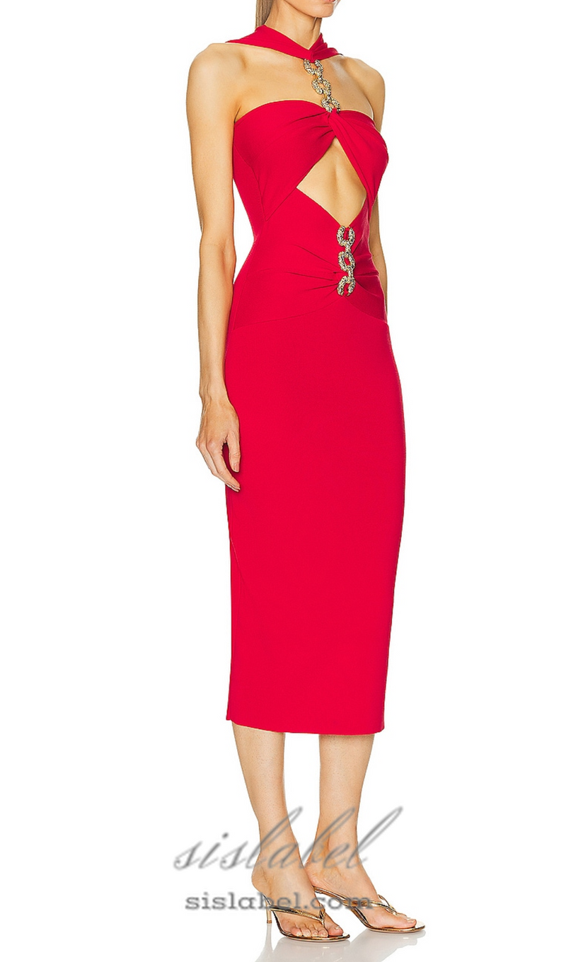 CUT OUT KNIT BANDAGE MIDI DRESS IN RED