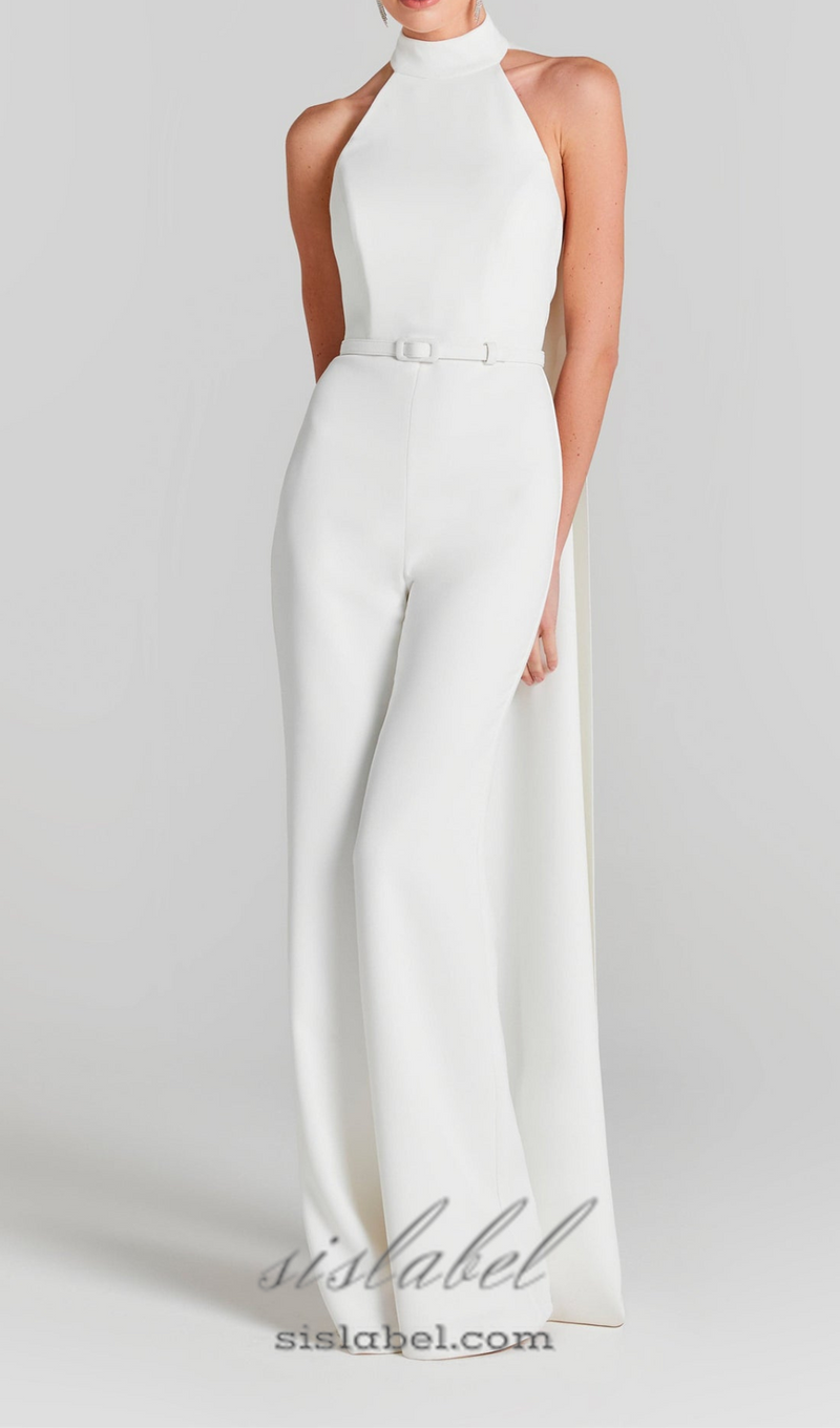 HALTER SLEEVELESS JUMPSUIT WITH BELT IN WHITE