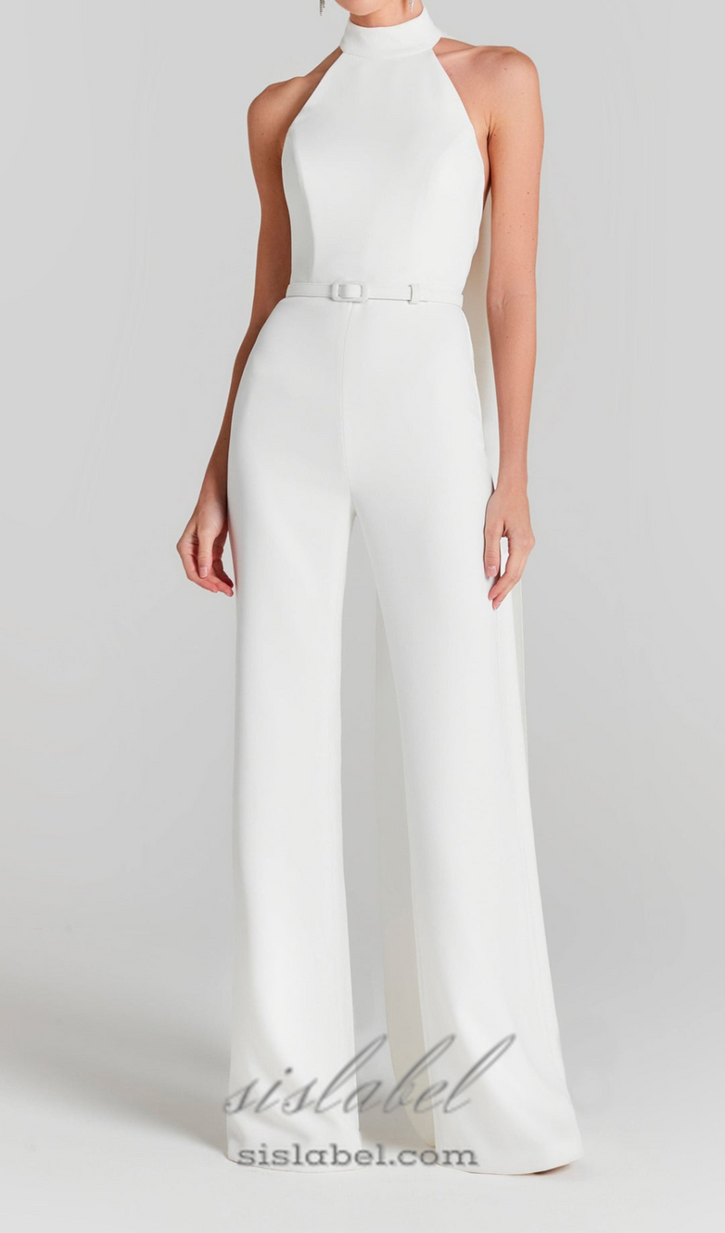 HALTER SLEEVELESS JUMPSUIT WITH BELT IN WHITE