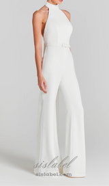 HALTER SLEEVELESS JUMPSUIT WITH BELT IN WHITE