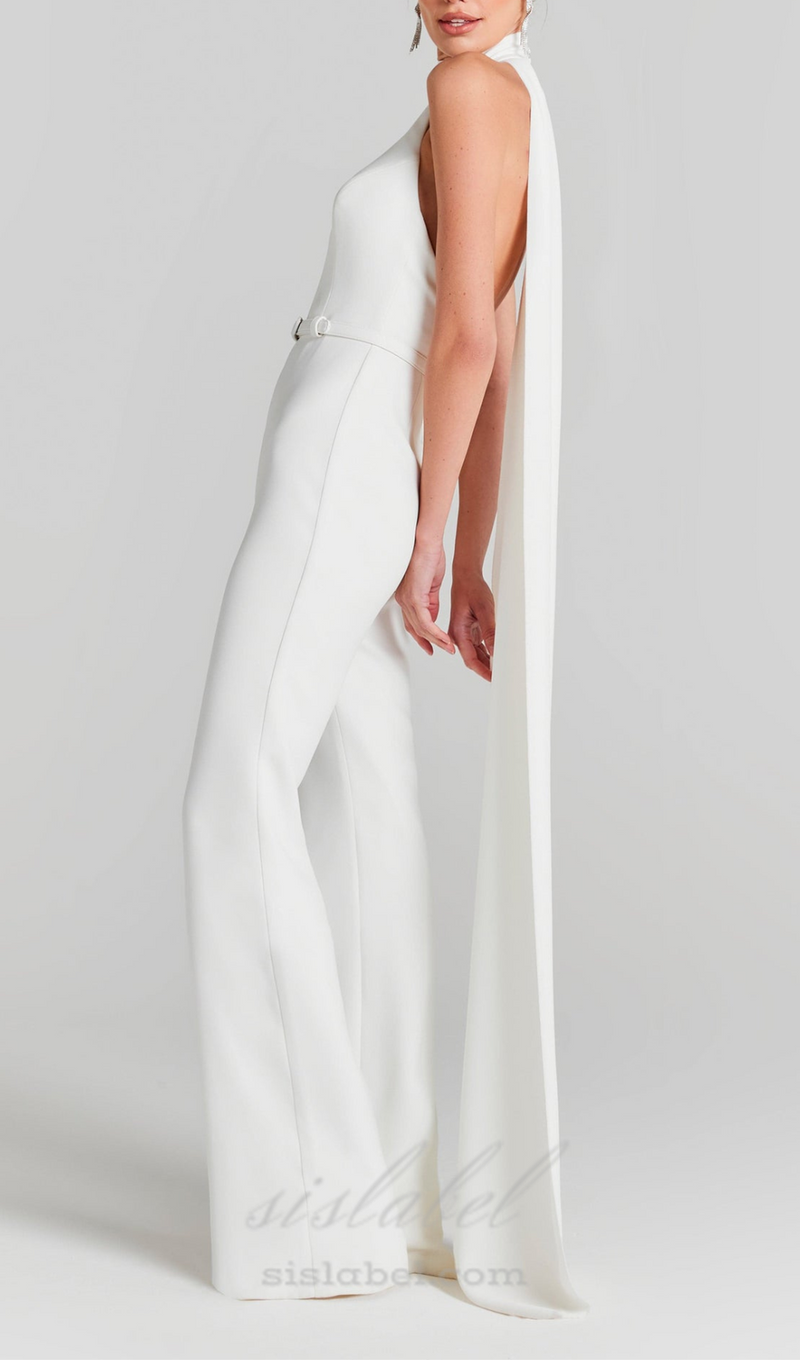 HALTER SLEEVELESS JUMPSUIT WITH BELT IN WHITE