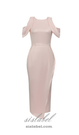 BODYCON SATIN RUCH MIDI DRESS IN PALE PINK