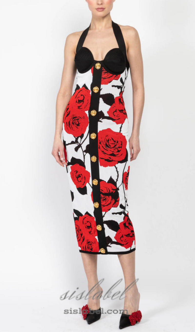 MULTICOLOR HALTERNECK ROSE PRINT MIDI DRESS