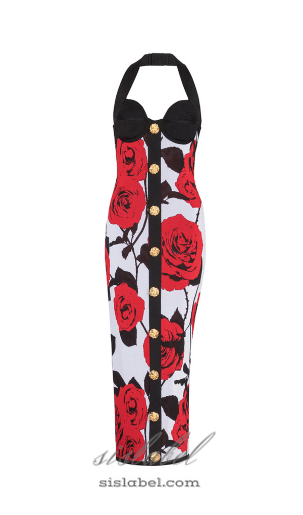 MULTICOLOR HALTERNECK ROSE PRINT MIDI DRESS