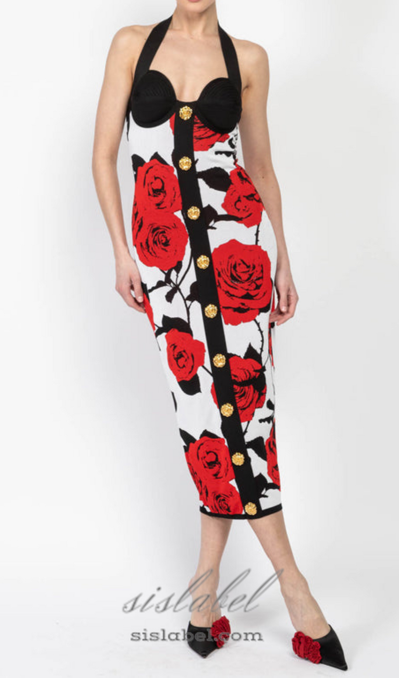 MULTICOLOR HALTERNECK ROSE PRINT MIDI DRESS