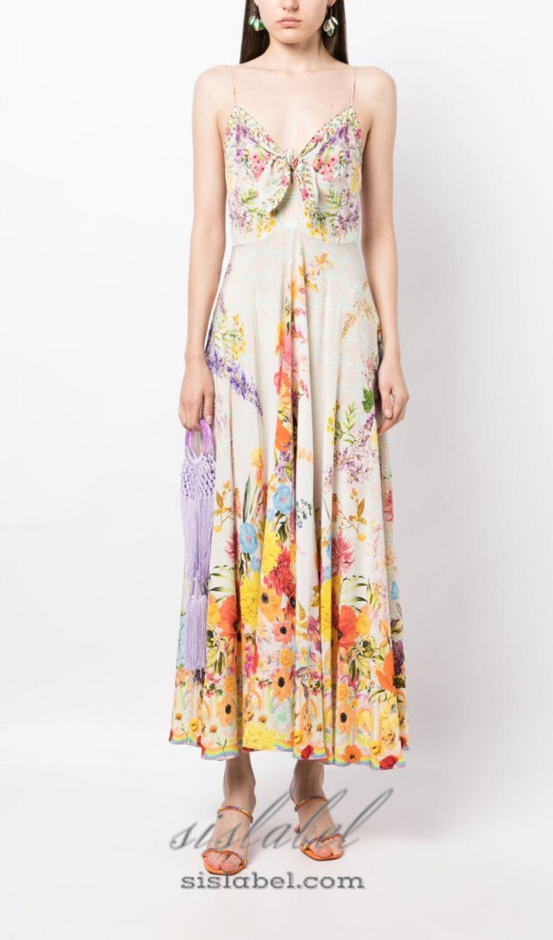 BOW FLORAL-PRINT SILK MIDI DRESS