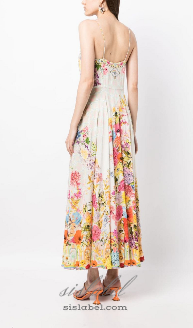 BOW FLORAL-PRINT SILK MIDI DRESS