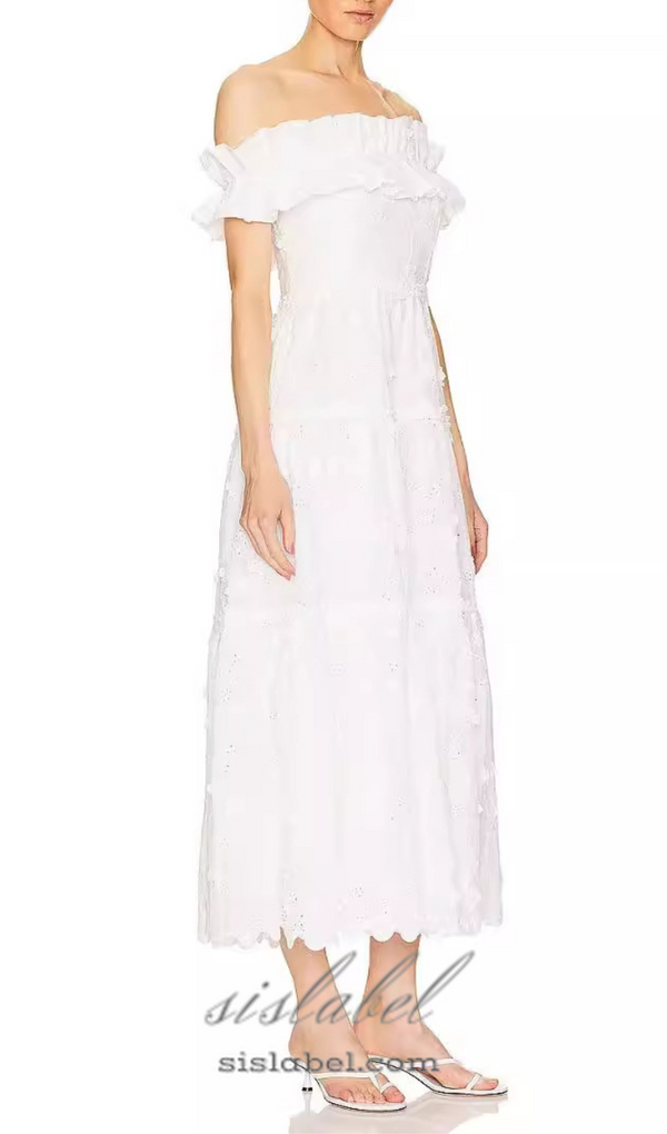 RUFFLE NECKLINE HIGH SPLIT MIDI DRESS IN WHITE