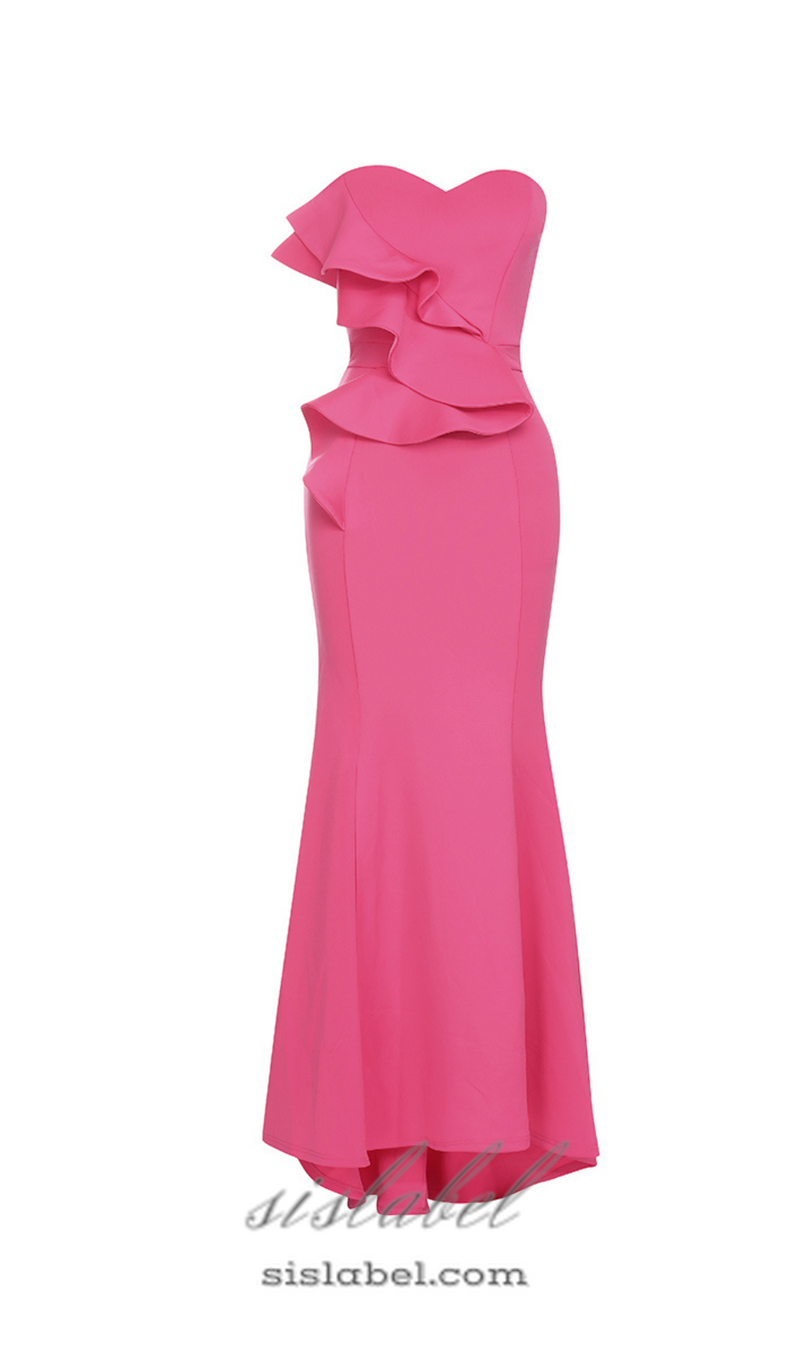 OFF SHOULDER RUFFLE TRIM BODYCON GOWN IN PINK