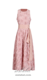 ROSETTE TULLE SATIN WOVEN BELT MIDI DRESS IN PINK