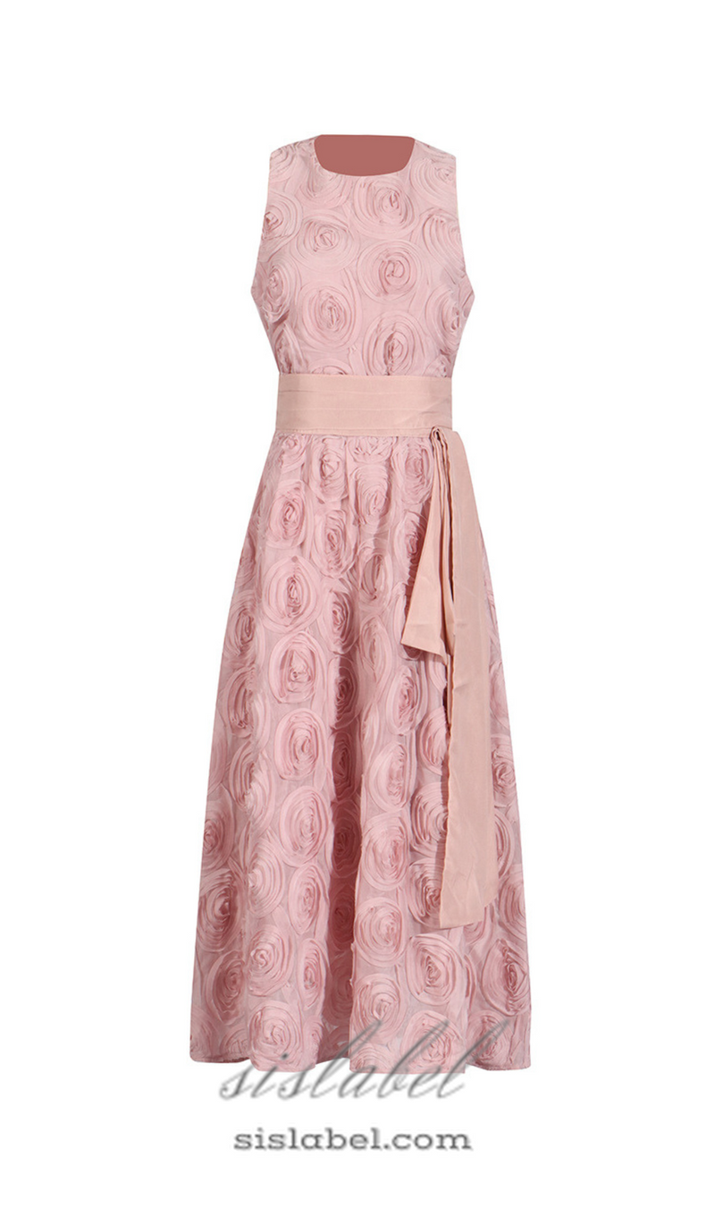 ROSETTE TULLE SATIN WOVEN BELT MIDI DRESS IN PINK