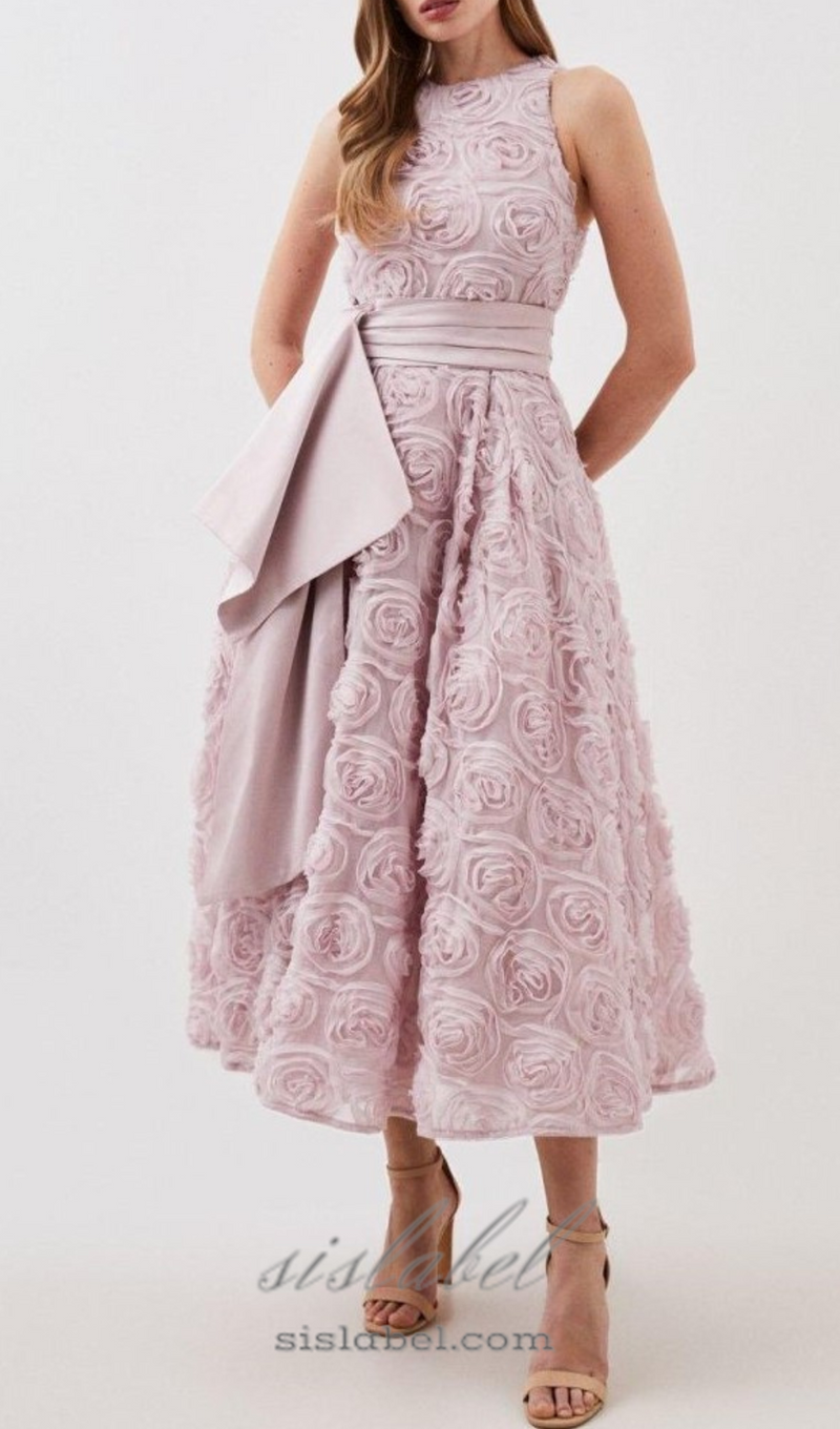 ROSETTE TULLE SATIN WOVEN BELT MIDI DRESS IN PINK