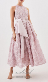 ROSETTE TULLE SATIN WOVEN BELT MIDI DRESS IN PINK