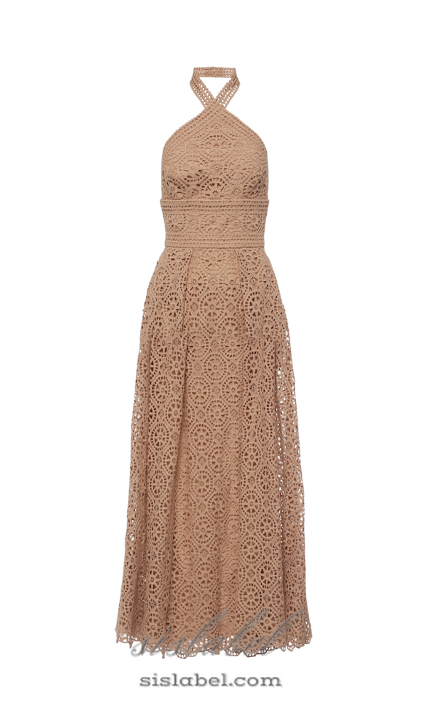 MACRAMÉ HALTERNECK COTTON-BLEND MIDI DRESS IN NUDE