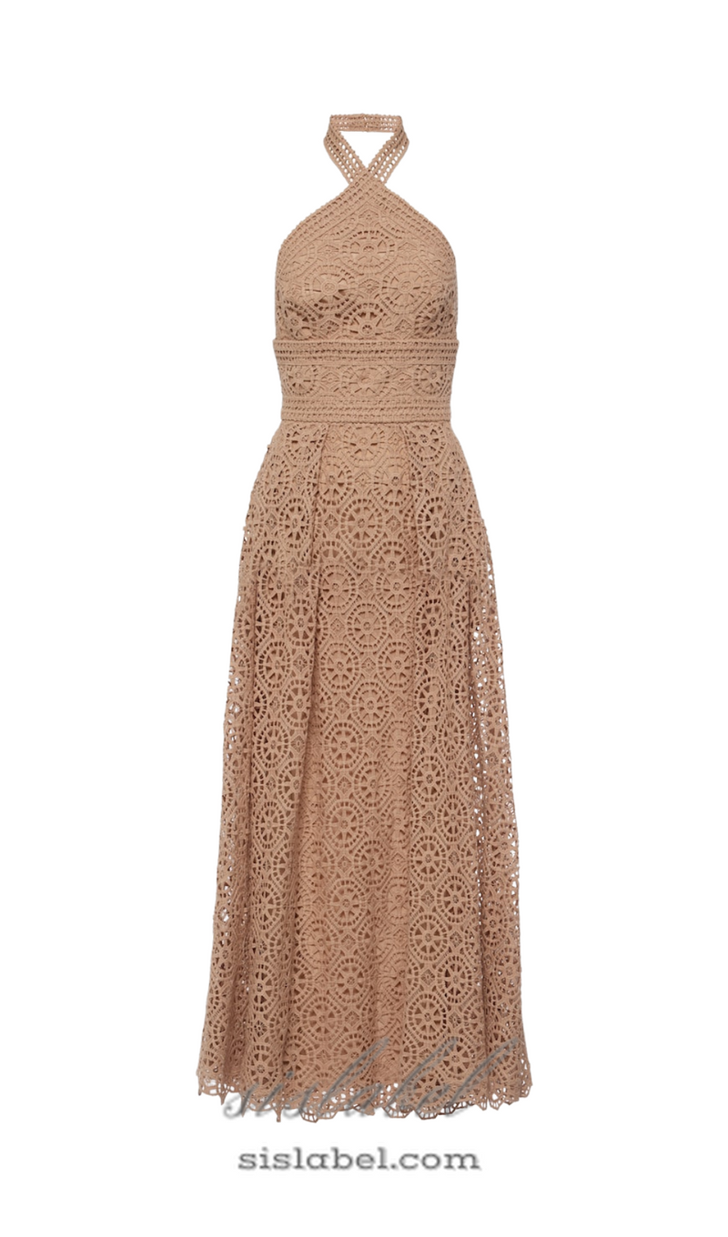 MACRAMÉ HALTERNECK COTTON-BLEND MIDI DRESS IN NUDE