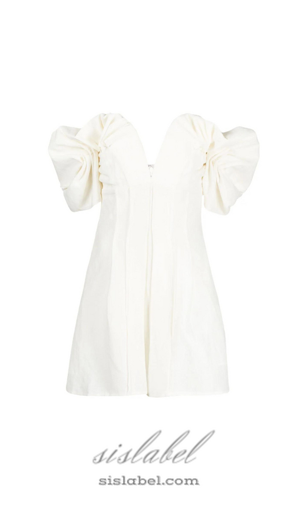 RUFFLED OFF-SHOULDER MINI SILK DRESS IN WHITE