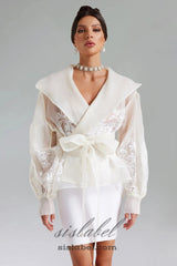 lantern sleeve embroidery shirt jacket in white