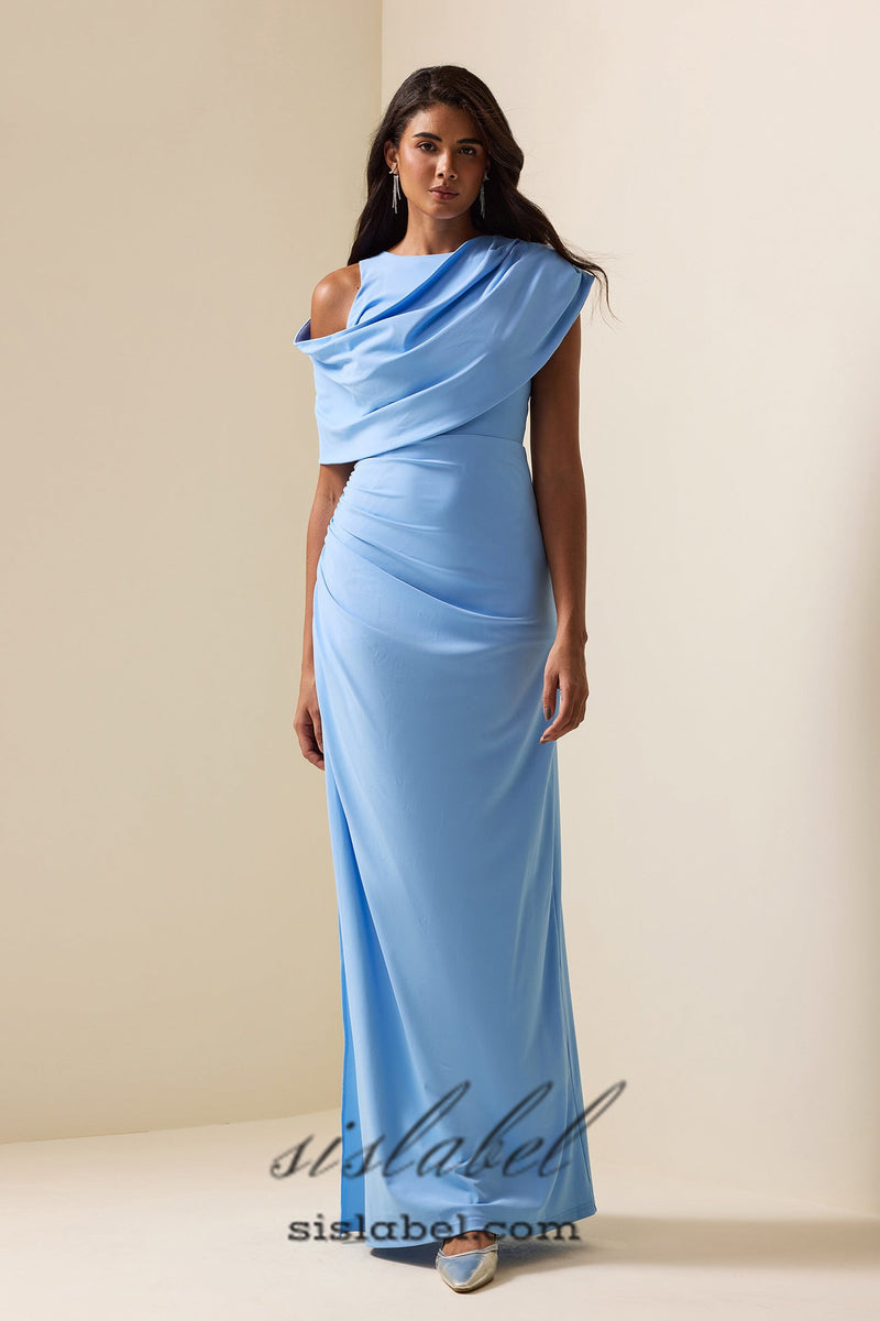 CASI SIDE-SLIT DRAPED JERSEY GOWN IN BLUE