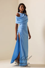 CASI SIDE-SLIT DRAPED JERSEY GOWN IN BLUE