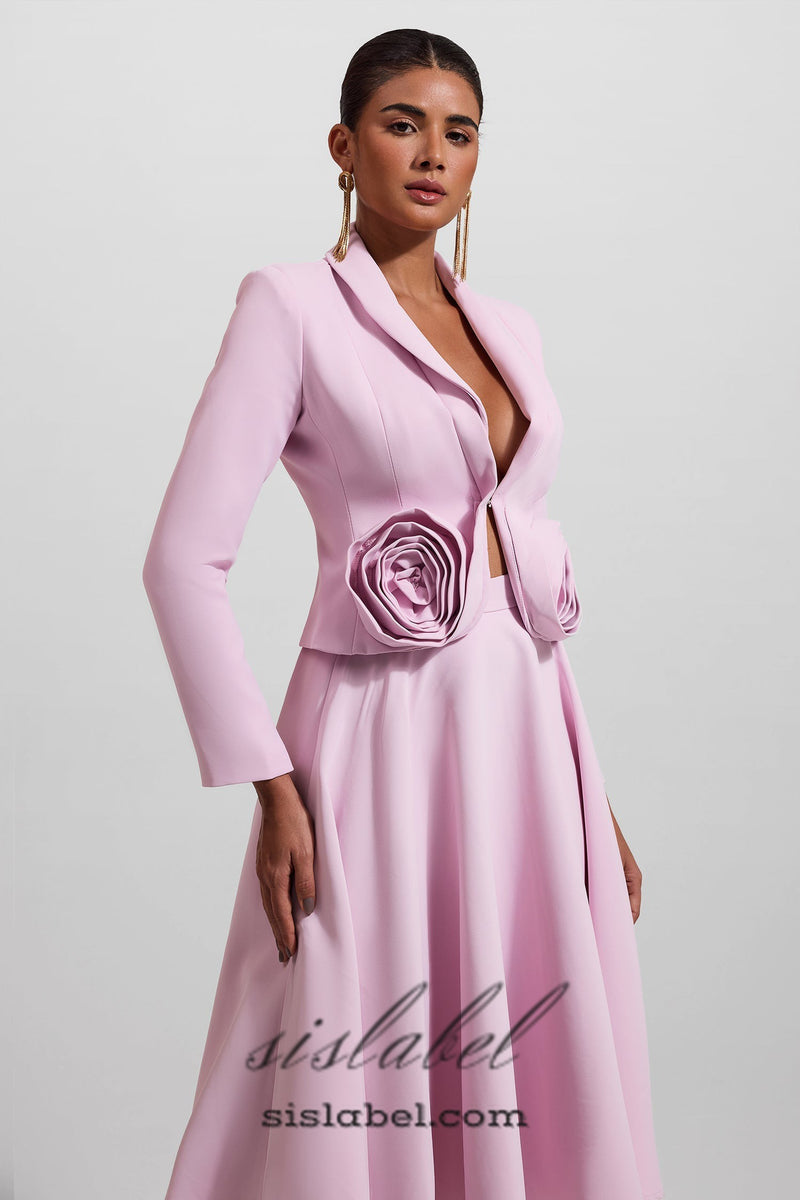 CAROL PINK 3D FLORAL BLAZER ＆ HIGH WAIST MIDI SKIRT SET