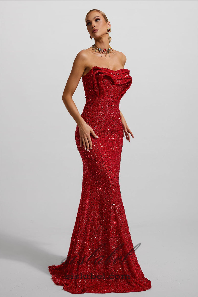 HELOISE RED SEQUIN STRAPLESS LARGE HEMLINE MAXI DRESS