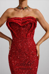 HELOISE RED SEQUIN STRAPLESS LARGE HEMLINE MAXI DRESS