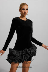 TOBEY VELVET LONG SLEEVE RUFFLE MINI DRESS IN BLACK