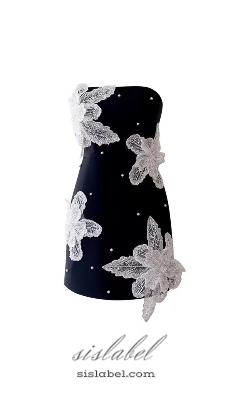 YURI STRAPLESS FLOWER PEARL MINI DRESS