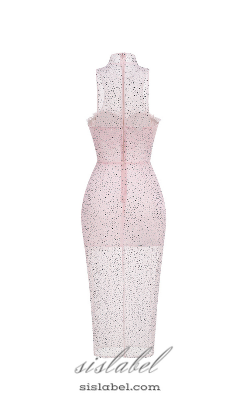 ADORA PINK BRAIDED LEATHER CRYSTAL EMBELLISHMENT MIDI DRESS