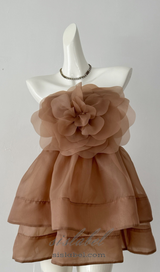 ALISA FLOWER TULLE STRAPLESS MINI DRESS IN BROWN