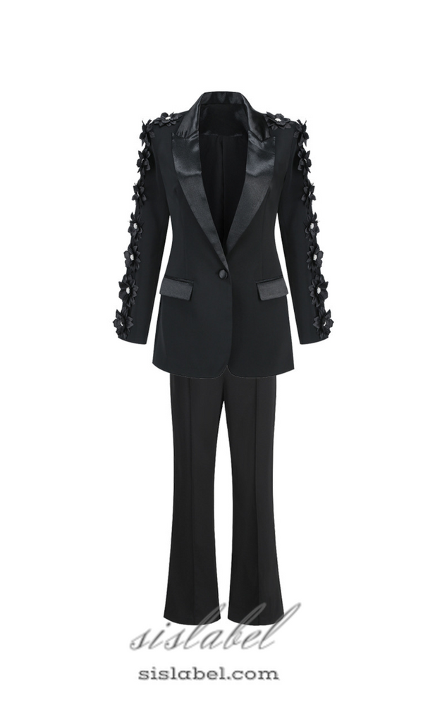 LEONIE FLOWER EMBELLISHED BLACK BLAZER