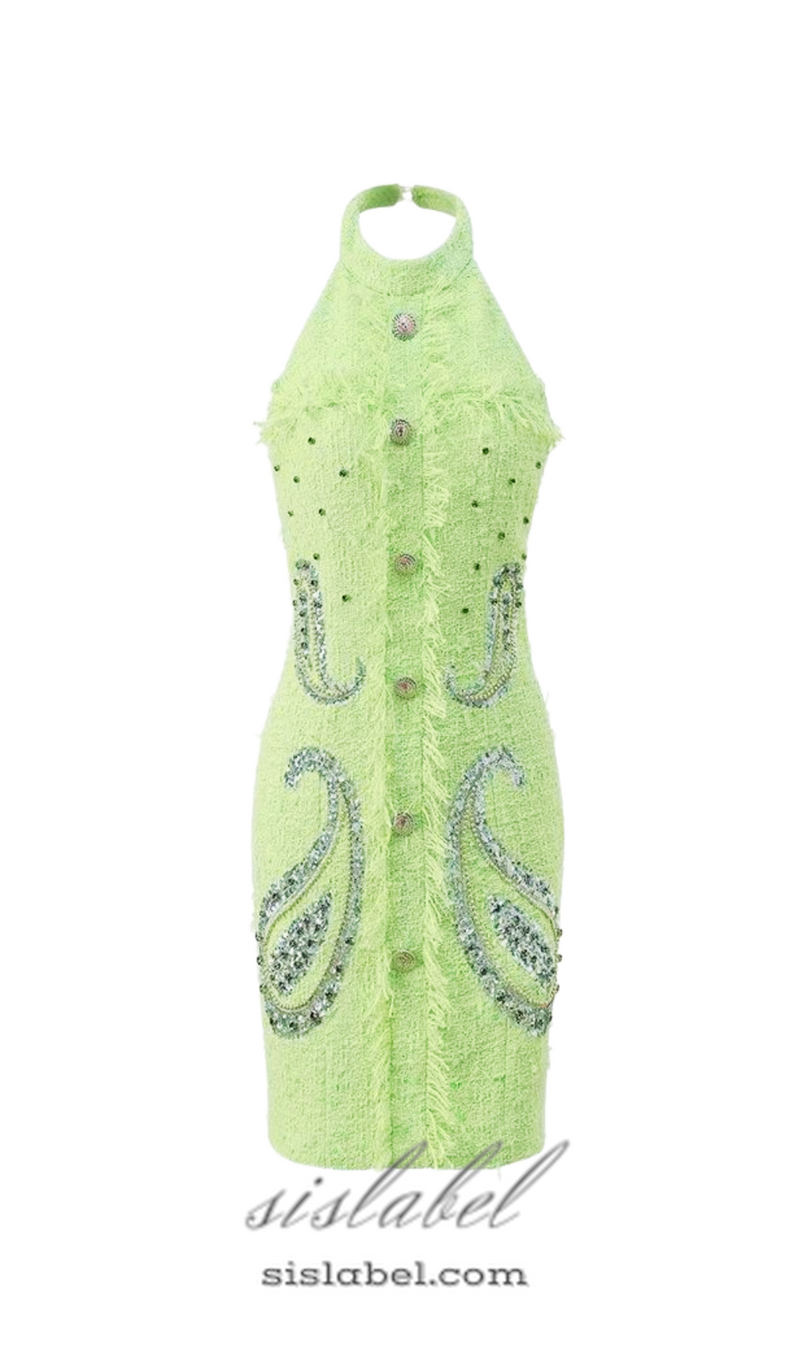 GEMMA PAISLEY-EMBELLISHED TWEED MINI DRESS IN GREEN