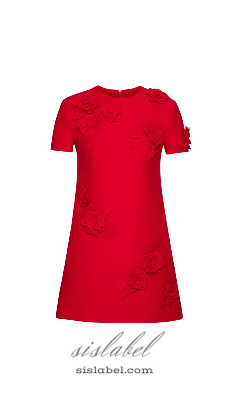 SELENA EMBROIDERED CREPE COUTURE MINI DRESS IN RED