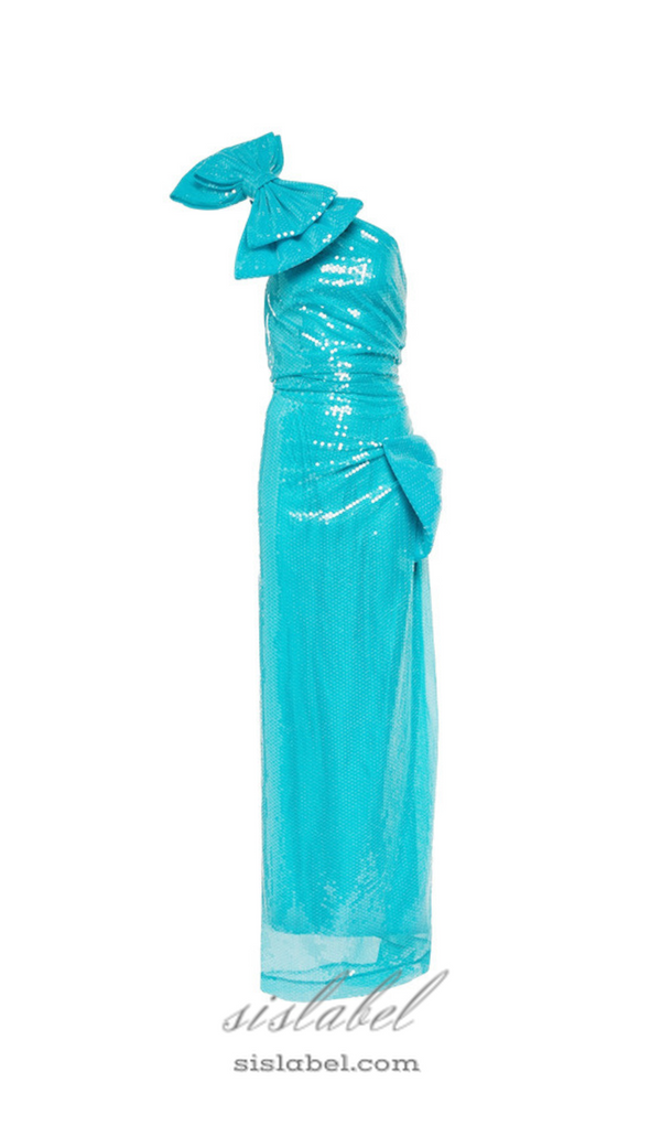 One Shoulder Bow Sequin Maxi Dress in blue