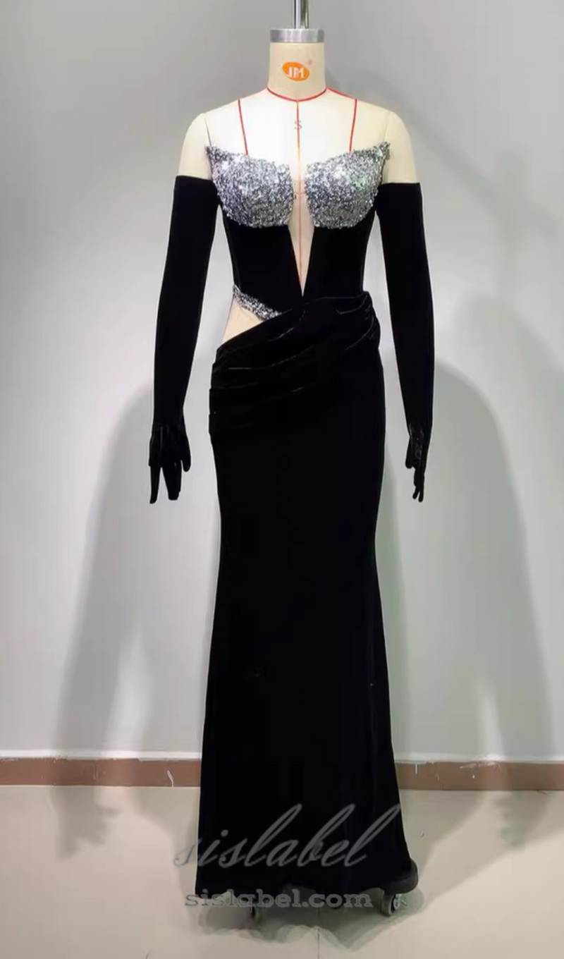 crystal-embellished Strapless Maxi Dress With Gloves