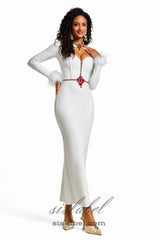 Rhinestone Cut-Out Feather Midi Dress in white