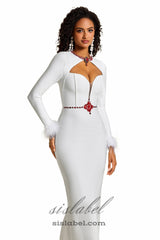 Rhinestone Cut-Out Feather Midi Dress in white